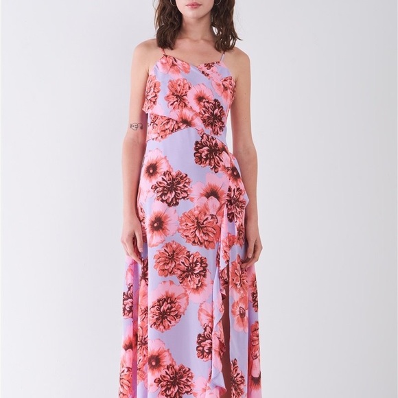 ♥️ Pink Floral Print Chiffon Midi Wrap Dress - Picture 15 of 16